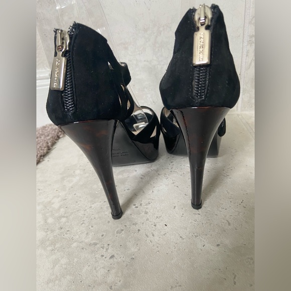 Vintage Bruno Magli Black Suede Open Toe Stiletto Platform Heels Sz 37& 1/2 US 7 - Picture 2 of 14